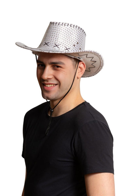 Chapeau de cow-boy paillettes argentées - paquet de 6