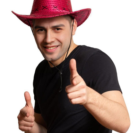 Chapeau de cow-boy paillettes rose fluo - paquet de 6