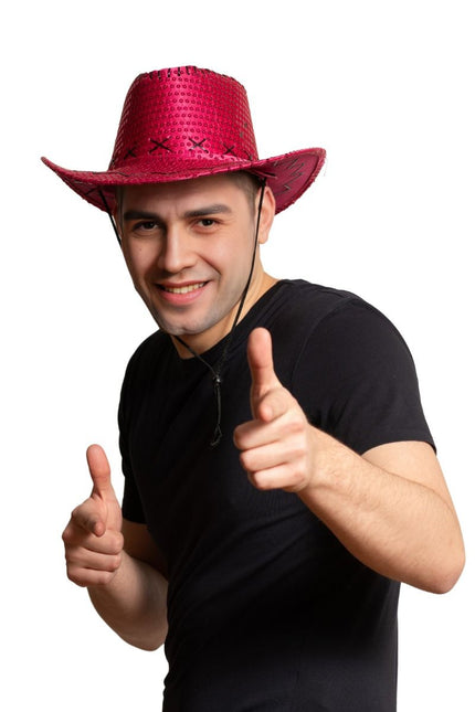 Chapeau de cow-boy paillettes rose fluo - paquet de 6
