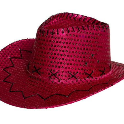 Chapeau de cow-boy paillettes rose fluo - paquet de 6