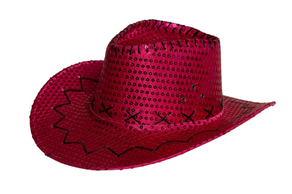 Chapeau de cow-boy paillettes rose fluo - paquet de 6