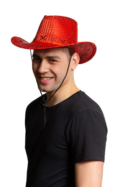 Chapeau de cow-boy paillettes rouges - paquet de 6