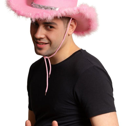Chapeau de cow-boy pailleté avec fourrure rose - paquet de 6