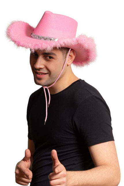 Chapeau de cow-boy pailleté avec fourrure rose - paquet de 6