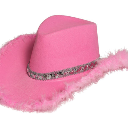 Chapeau de cow-boy pailleté avec fourrure rose - paquet de 6