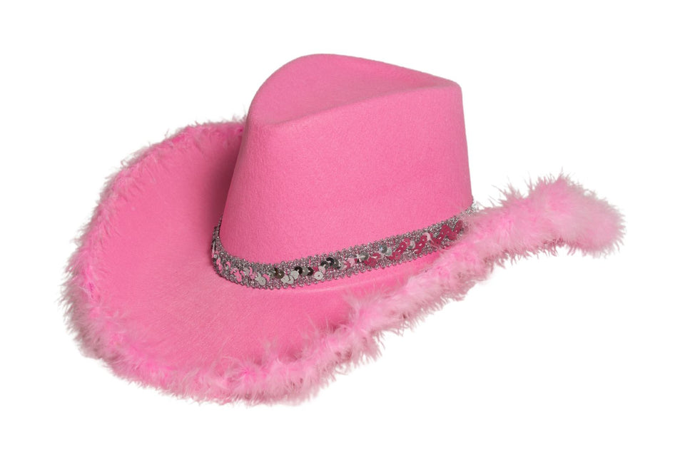 Chapeau de cow-boy pailleté avec fourrure rose - paquet de 6
