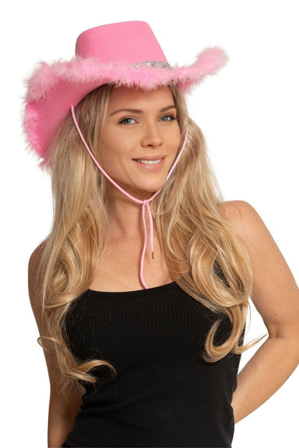 Chapeau de cow-boy pailleté avec fourrure rose - paquet de 6