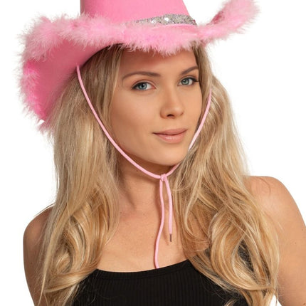 Chapeau de cow-boy pailleté avec fourrure rose - paquet de 6