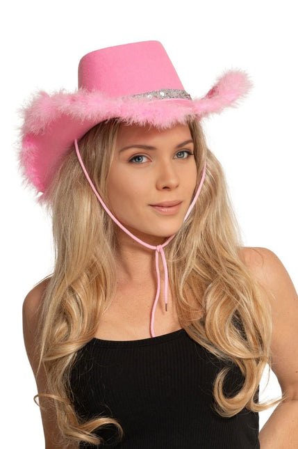 Chapeau de cow-boy pailleté avec fourrure rose - paquet de 6