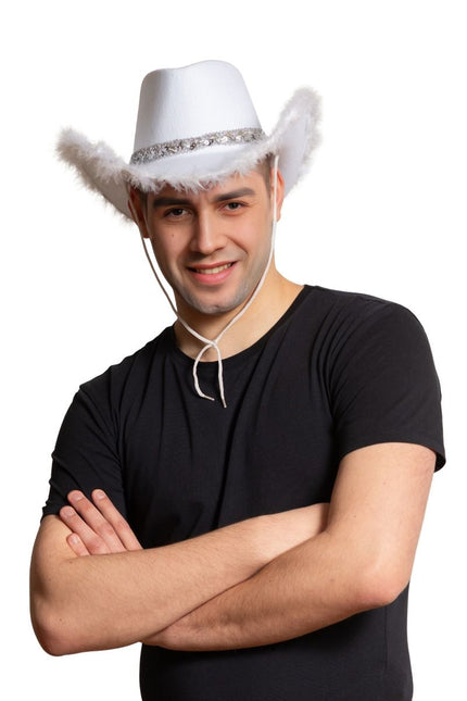 Chapeau de cow-boy pailleté avec fourrure blanche - paquet de 6