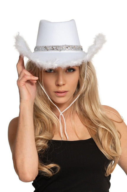 Chapeau de cow-boy pailleté avec fourrure blanche - paquet de 6