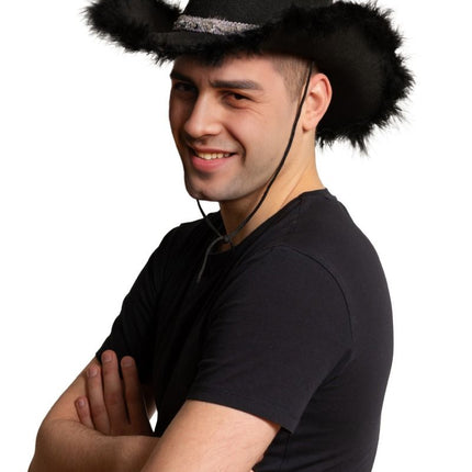 Chapeau de cow-boy pailleté avec fourrure noire - paquet de 6