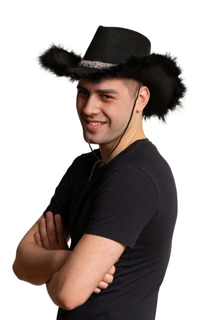 Chapeau de cow-boy pailleté avec fourrure noire - paquet de 6