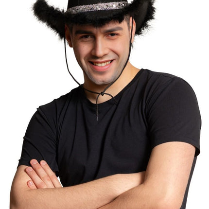 Chapeau de cow-boy pailleté avec fourrure noire - paquet de 6