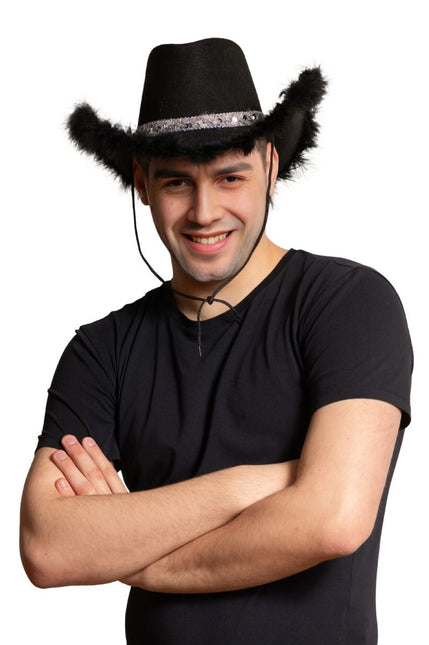 Chapeau de cow-boy pailleté avec fourrure noire - paquet de 6