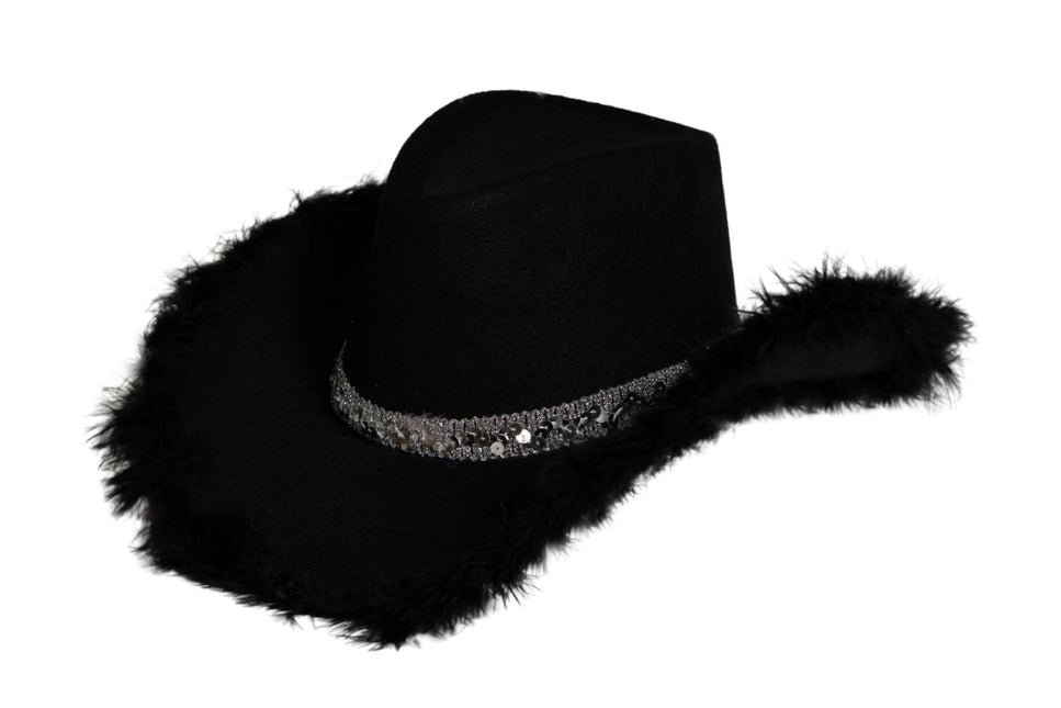 Chapeau de cow-boy pailleté avec fourrure noire - paquet de 6