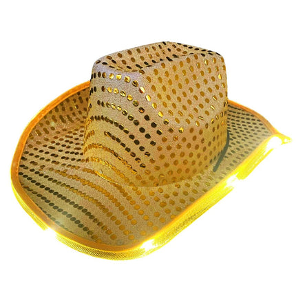 Chapeau de cow-boy paillettes avec lumière incl. piles or - 6 paquets