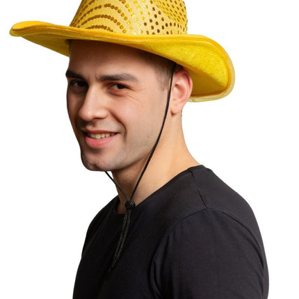 Chapeau de cow-boy paillettes avec lumière incl. piles or - 6 paquets