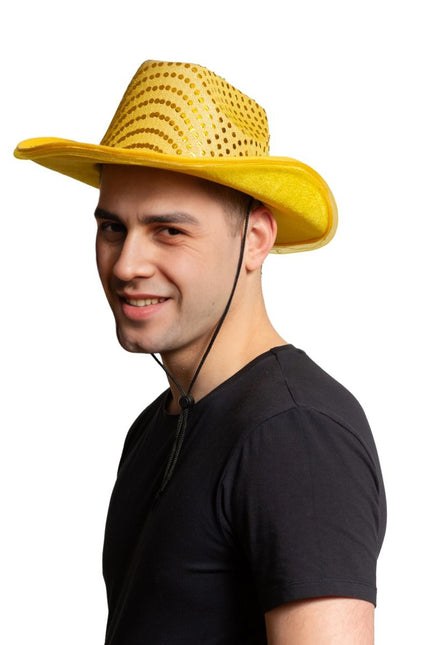 Chapeau de cow-boy paillettes avec lumière incl. piles or - 6 paquets