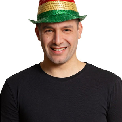 Chapeau à paillettes rouge/jaune/vert avec lumière et piles incluses