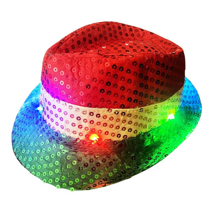 Chapeau à paillettes rouge/jaune/vert avec lumière et piles incluses