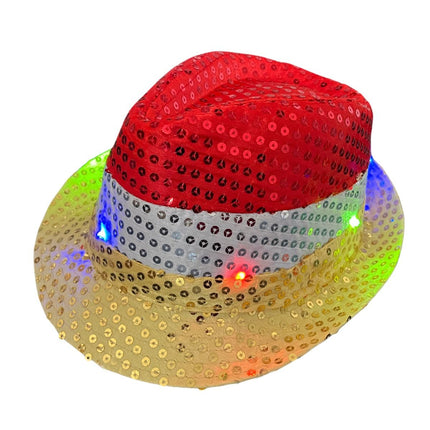 Chapeau à paillettes rouge/blanc/jaune avec lumière et piles incluses