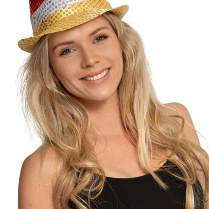 Chapeau à paillettes rouge/blanc/jaune avec lumière et piles incluses