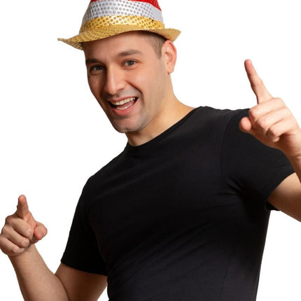 Chapeau à paillettes rouge/blanc/jaune avec lumière et piles incluses
