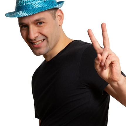 Chapeau à paillettes Turquoise avec lumière incl Piles - Pack de 6