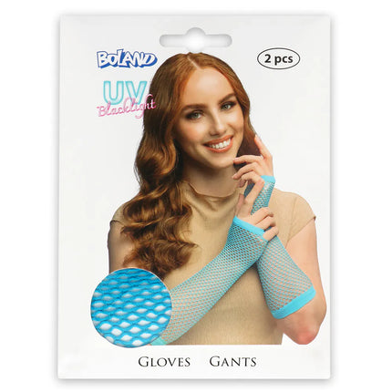 Paire de gants jusqu'aux coudes en maille, bleu néon
