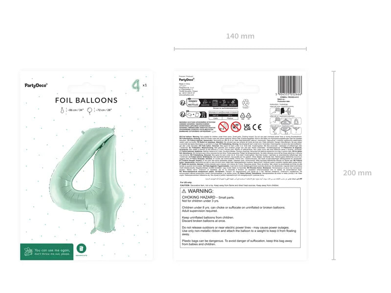 4 Jaar Cijfer Ballon Mintgroen Leeg 72cm van Partydeco koop je bij Partywinkel