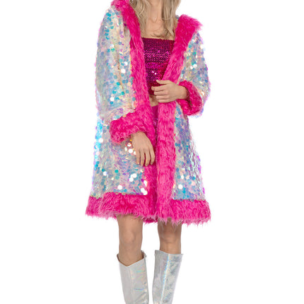 Veste longue en paillettes holographiques avec fourrure