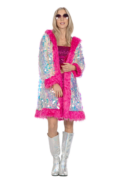 Veste longue en paillettes holographiques avec fourrure