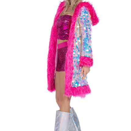 Veste longue en paillettes holographiques avec fourrure