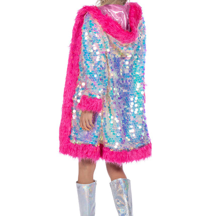 Veste longue en paillettes holographiques avec fourrure
