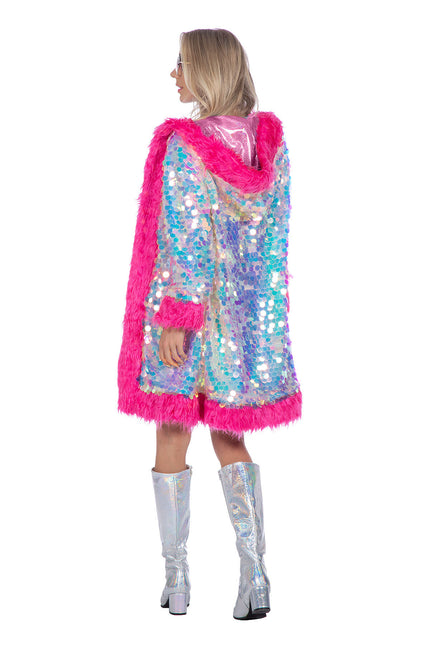 Veste longue en paillettes holographiques avec fourrure