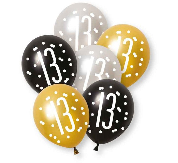 Ballonnen 13 Jaar Zwart Goud 30cm 6st