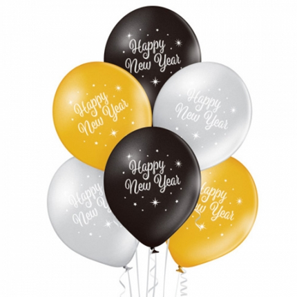 Ballons « Bonne année » noir, or, argent, gâteau, 30 cm, lot de 10
