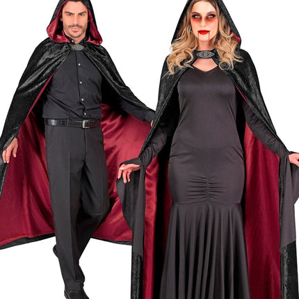 Cape avec capuche velours rouge noir avec doublure intérieure rouge 140cm