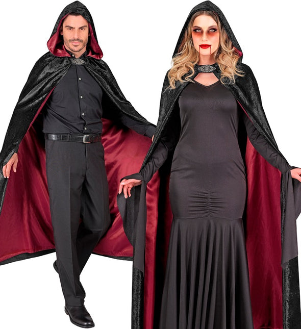 Cape avec capuche velours rouge noir avec doublure intérieure rouge 140cm