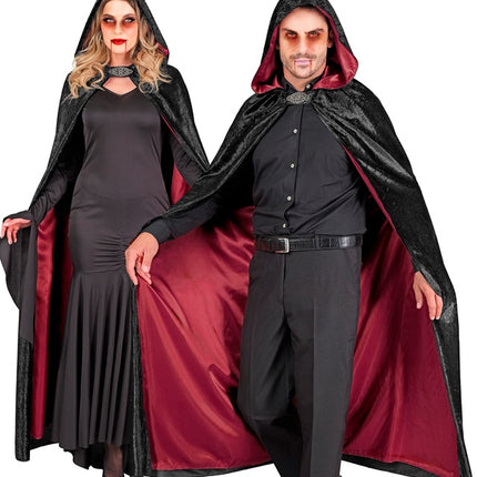 Cape avec capuche velours rouge noir avec doublure intérieure rouge 140cm