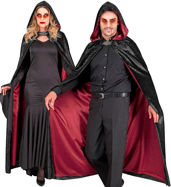 Cape avec capuche velours rouge noir avec doublure intérieure rouge 140cm