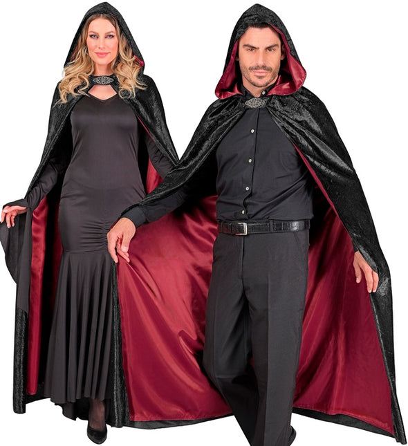 Cape avec capuche velours rouge noir avec doublure intérieure rouge 140cm
