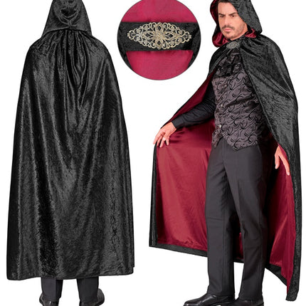Cape avec capuche velours rouge noir avec doublure intérieure rouge 140cm