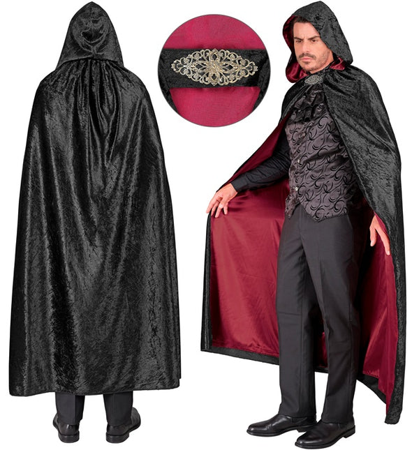 Cape avec capuche velours rouge noir avec doublure intérieure rouge 140cm