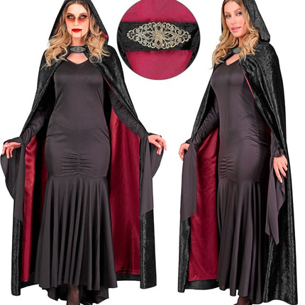 Cape avec capuche velours rouge noir avec doublure intérieure rouge 140cm