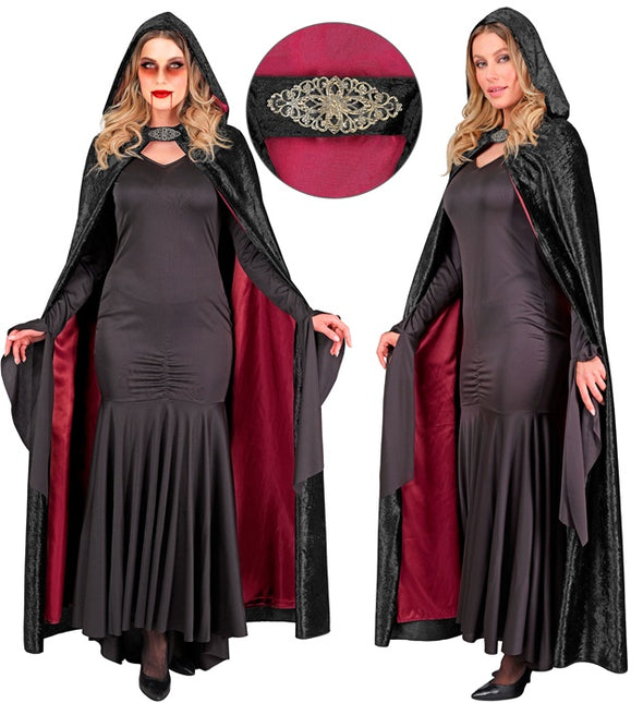 Cape avec capuche velours rouge noir avec doublure intérieure rouge 140cm