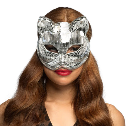 Demi-masque Disco Cat argenté
