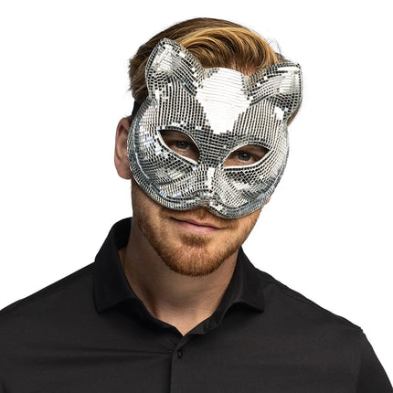 Demi-masque Disco Cat argenté