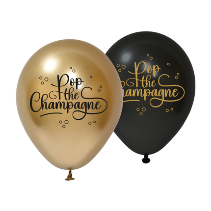 8 Ballons en latex 30cm 1 face - Pop The Champagne - noir